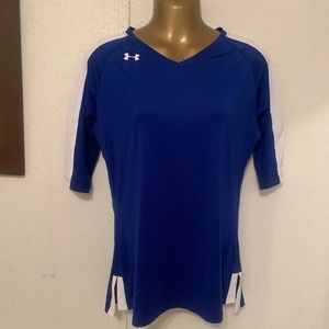 Womens Under Armour All Season Fitted Shirt Royal Blue V Neck Heatgear M Size